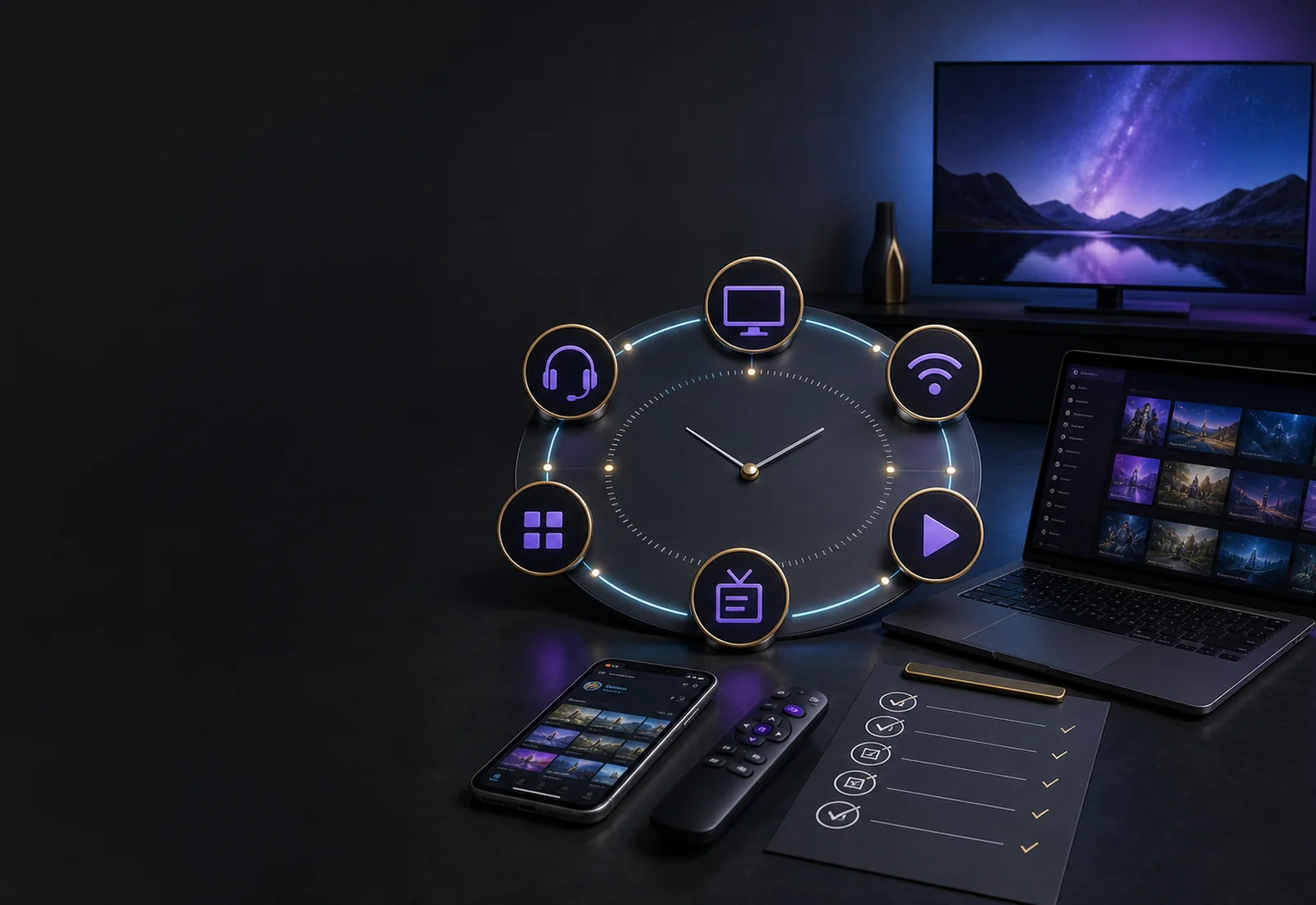 24-hour IPTV testing checklist beside television, phone, and computer screens