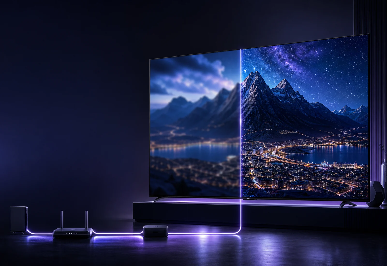 Large television comparing Full HD and 4K detail with device and network path