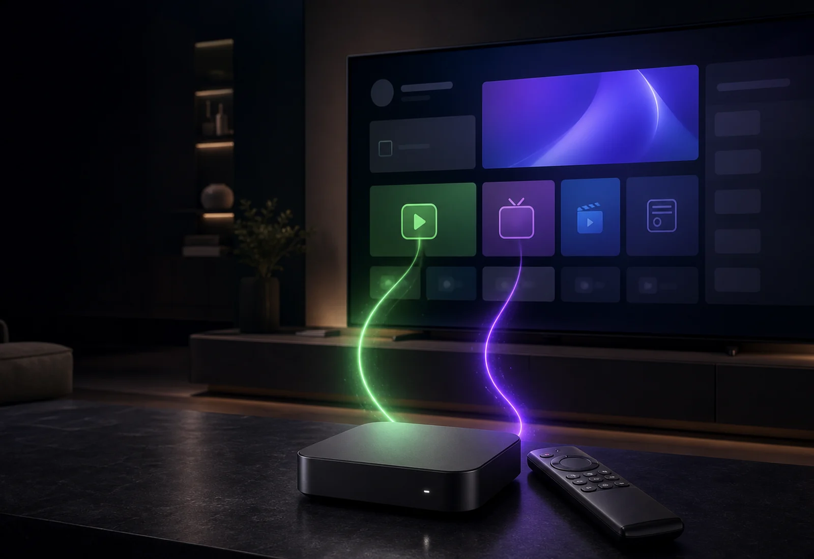Android TV screen with remote, app grid, and private IPTV connection flow