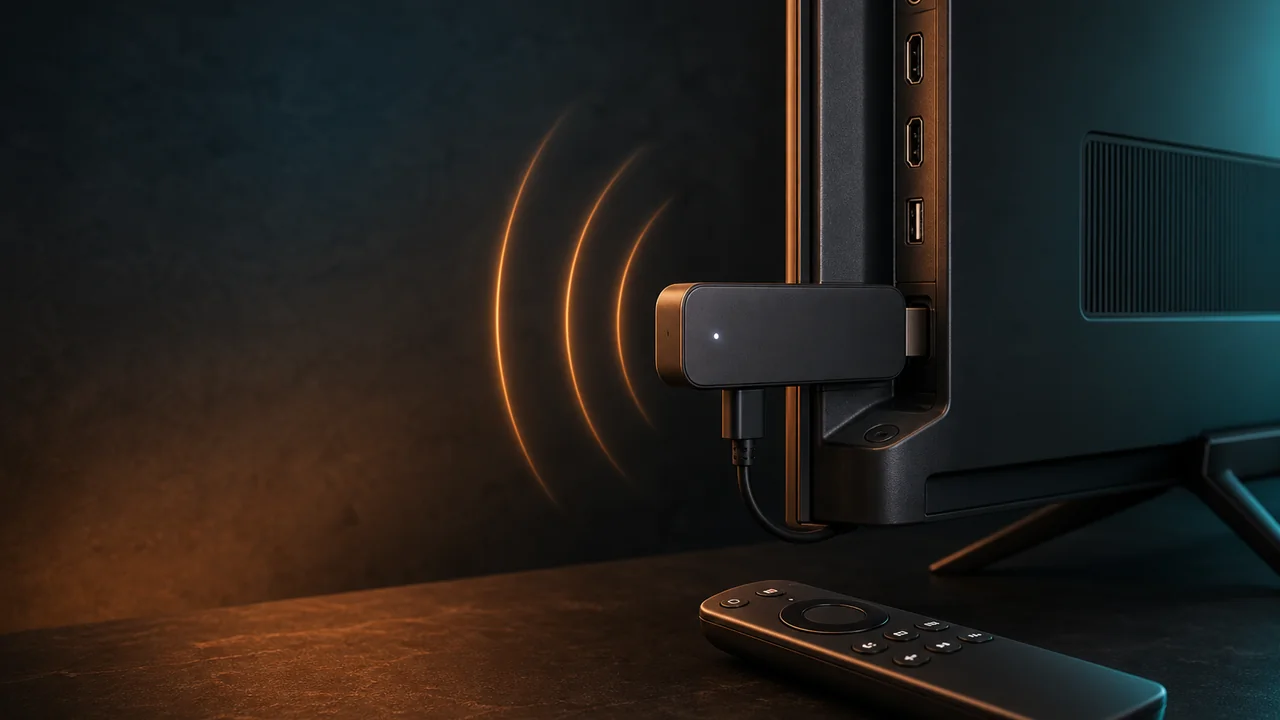 Fire TV installation sequence showing HDMI, app store, login, and playback check