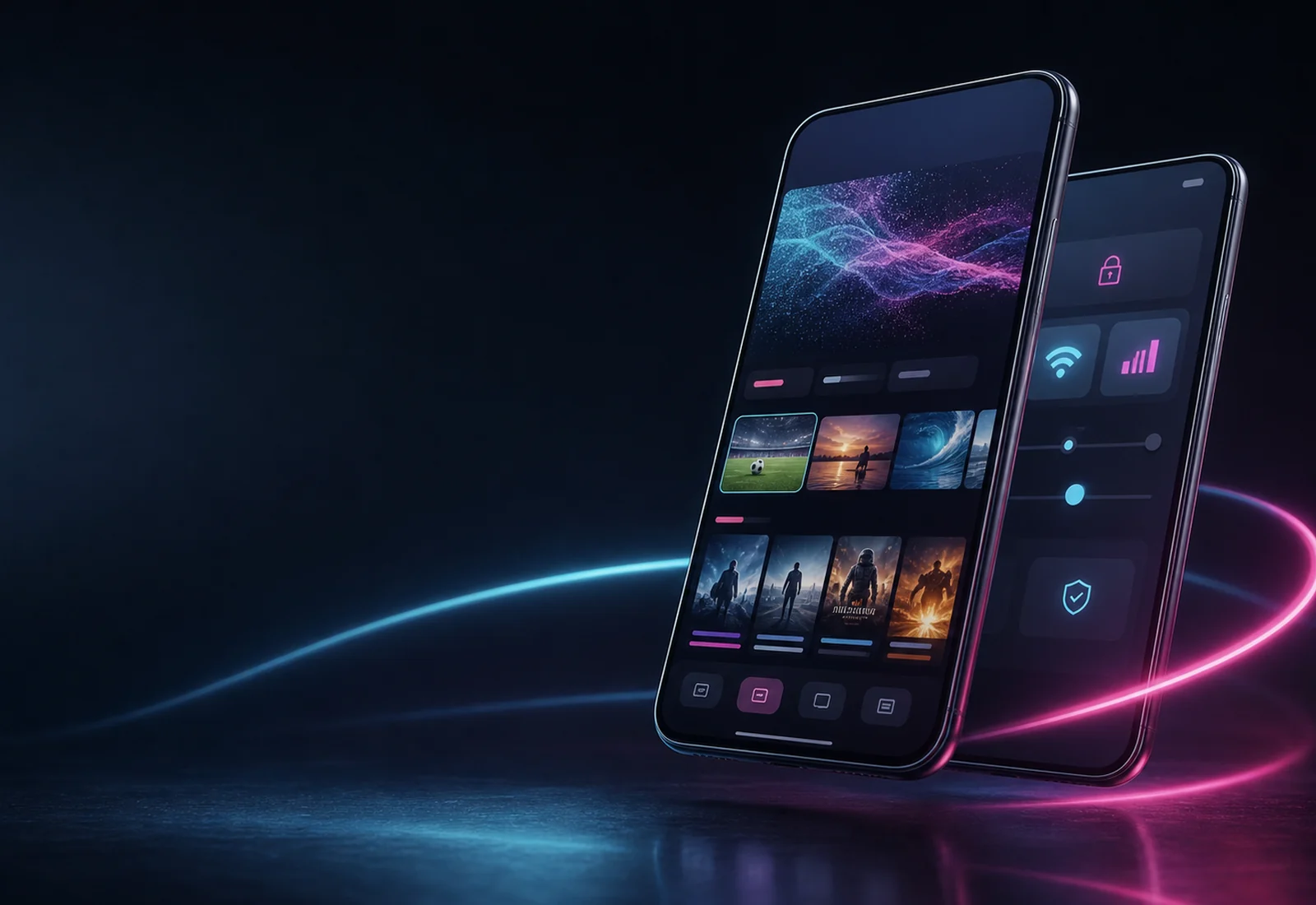 iPhone-focused IPTV setup with App Store, private login, and playback screens