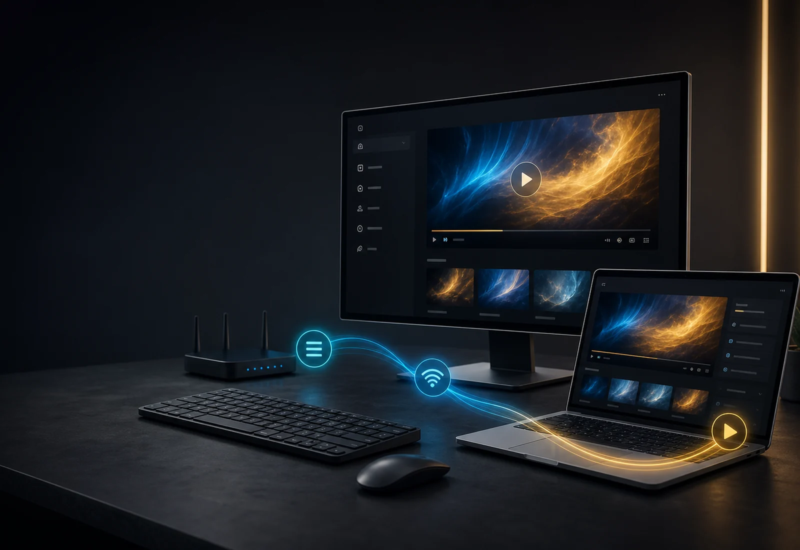 Laptop and desktop monitor showing a private IPTV player setup and network diagnostics