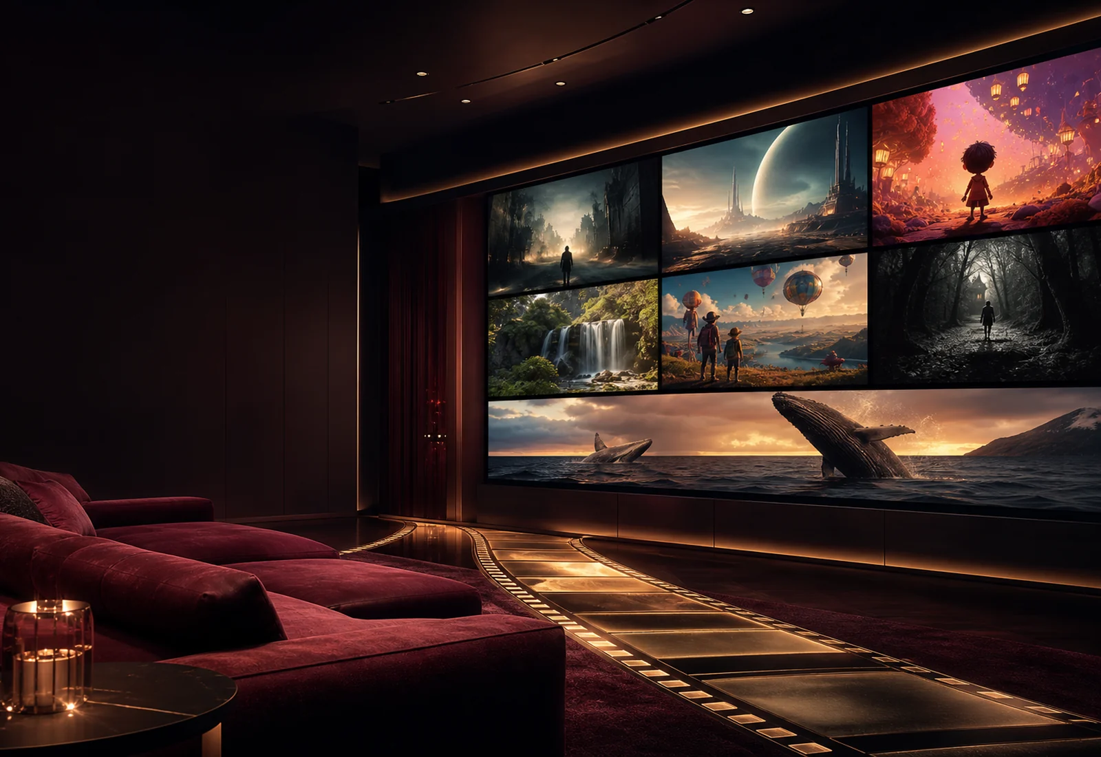 Cinematic IPTV movies and series interface with separate film, series, anime, and family rails