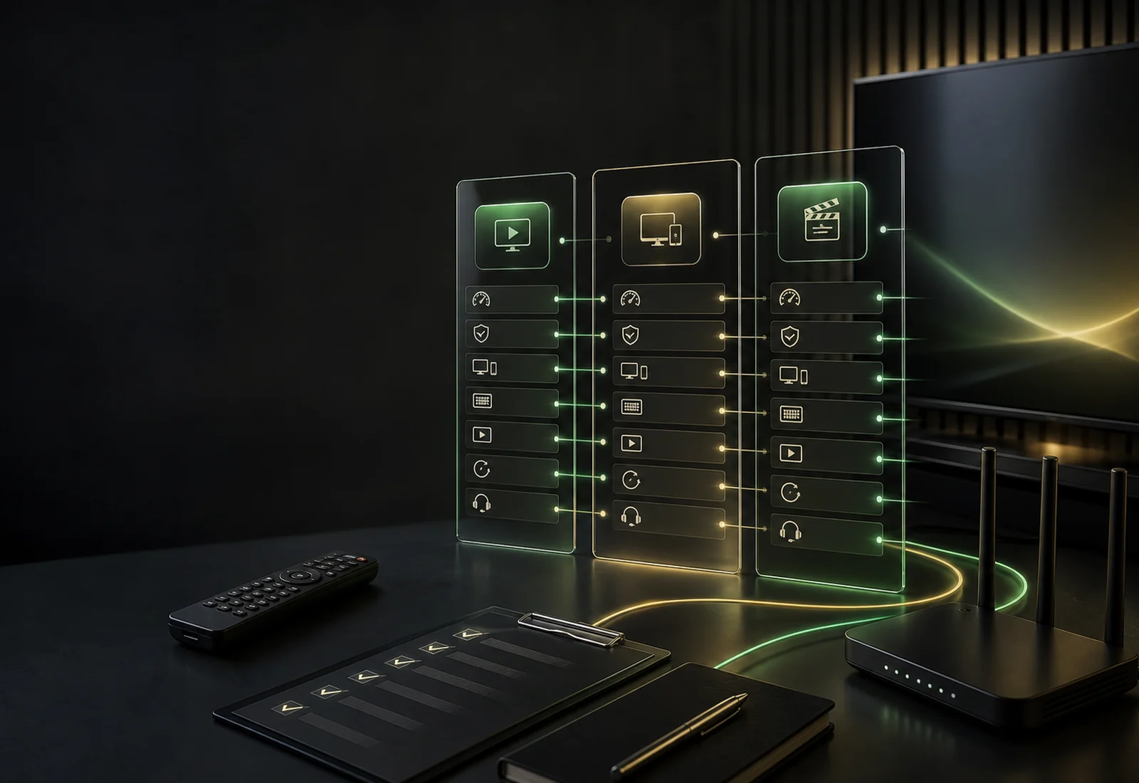 Provider comparison board with trial, devices, support, payment, EPG, and stream-limit criteria