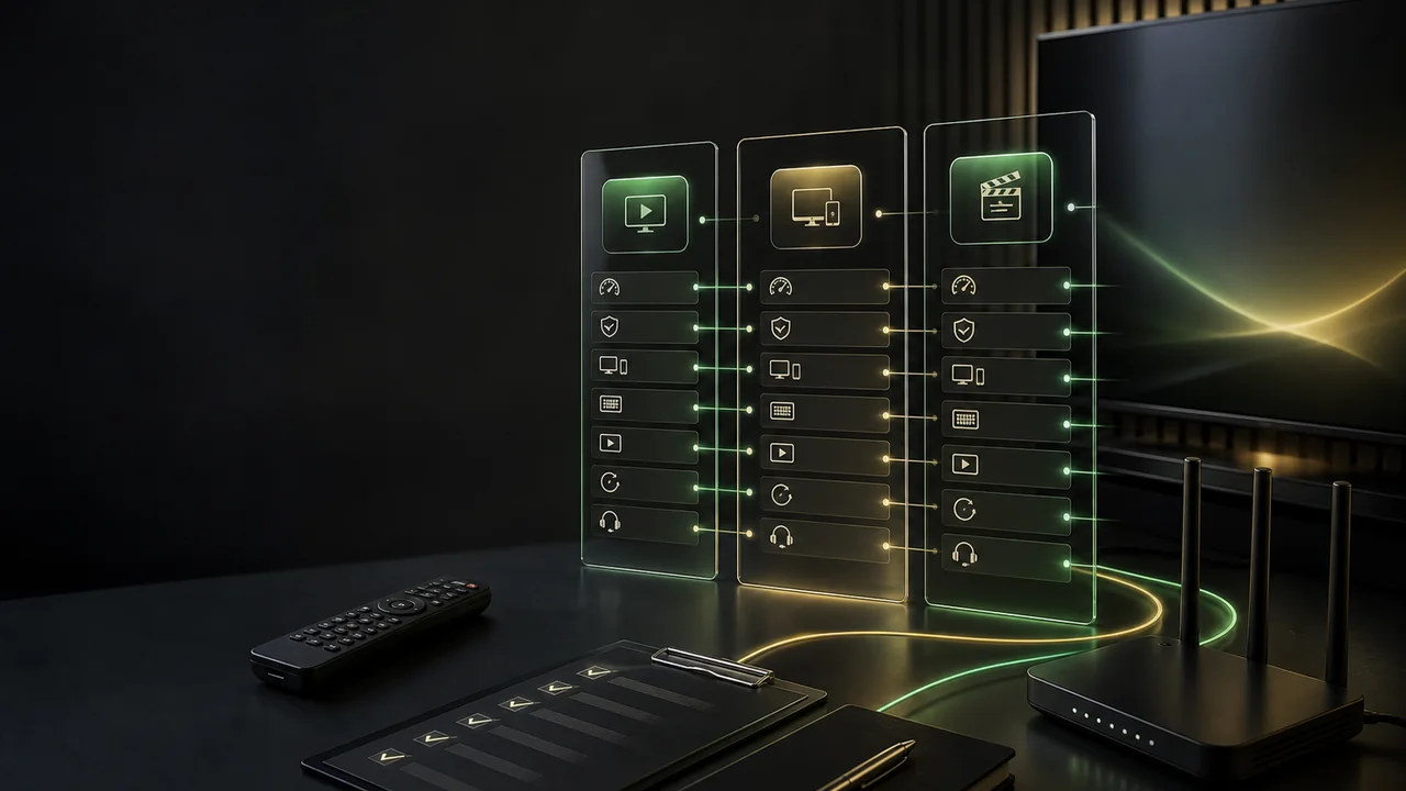 Weighted IPTV provider evaluation cards with customer-safe criteria