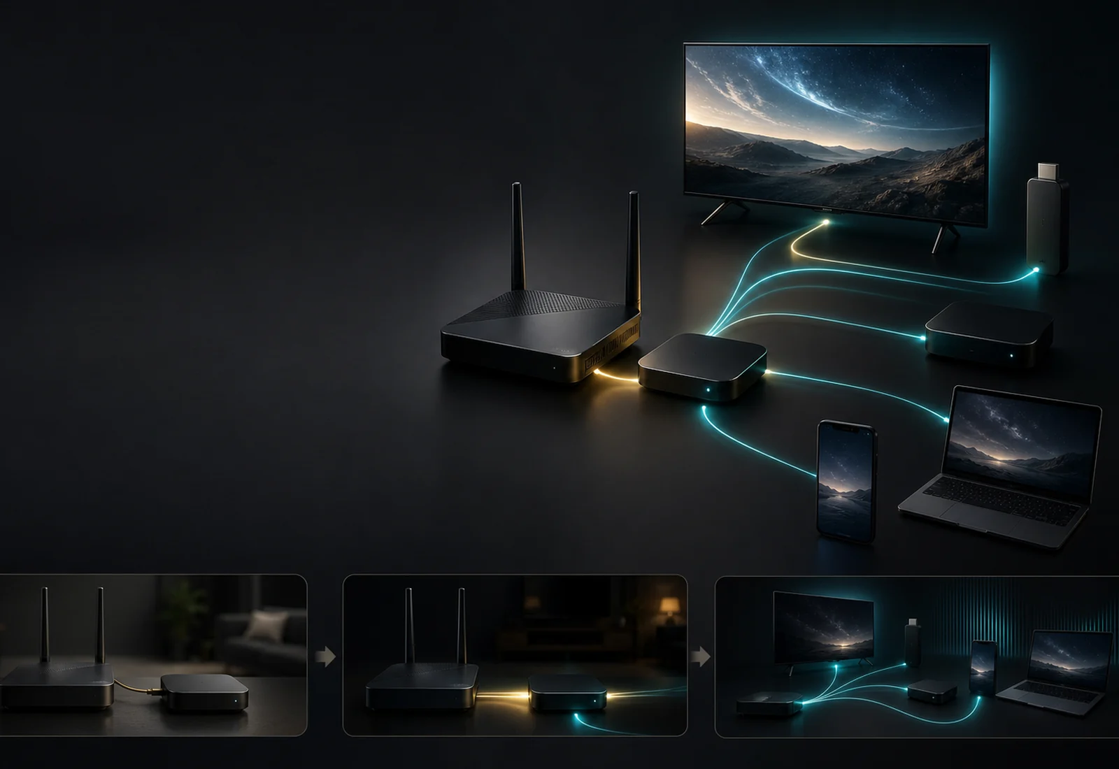 Four-step IPTV setup journey connecting a television, streaming player, phone, and laptop
