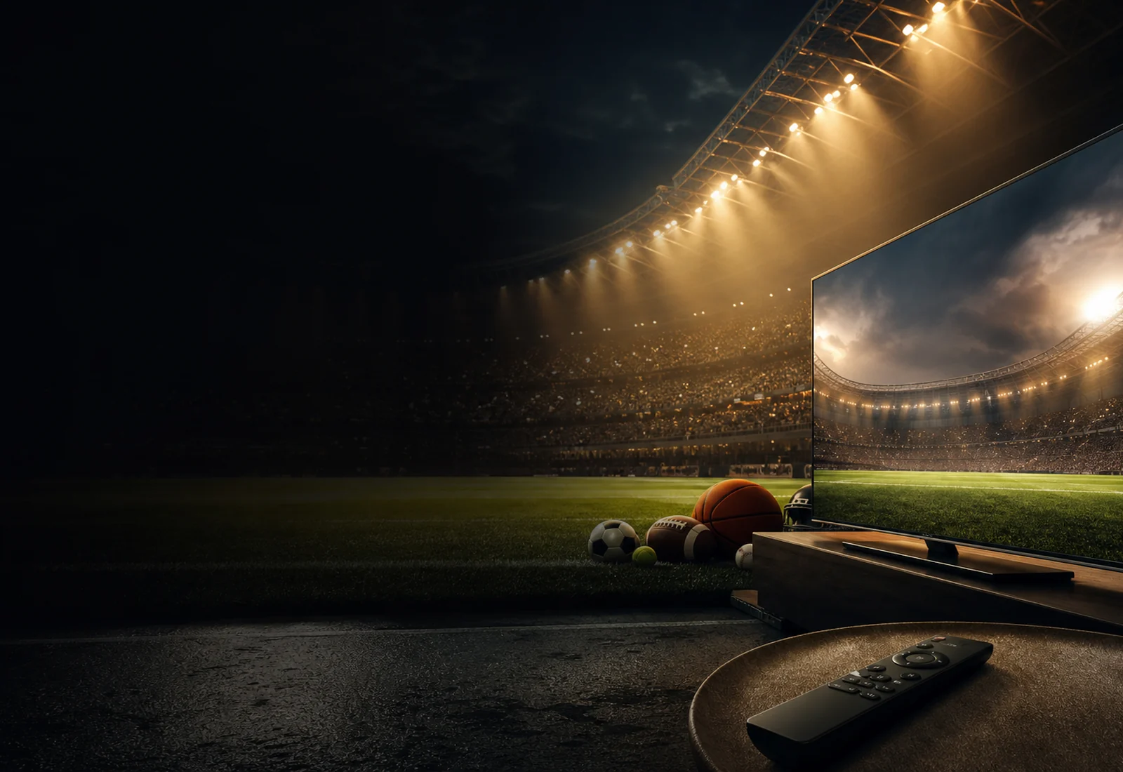 Night stadium with a live sports IPTV interface and prepared television screen