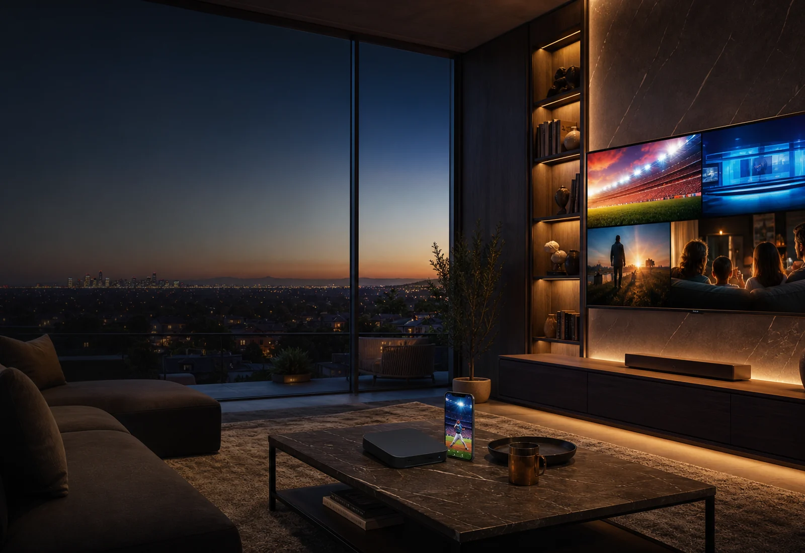 American living room with television, streaming player, phone, and laptop prepared for IPTV testing