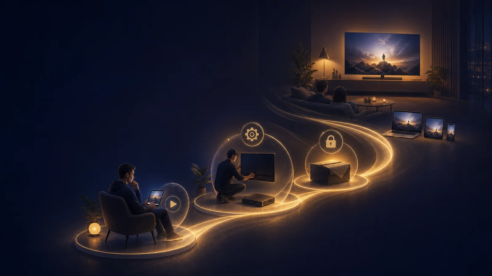 IPTV FREE TRIAL customer journey connecting free trial, honest content checks, device setup, private ordering, and support