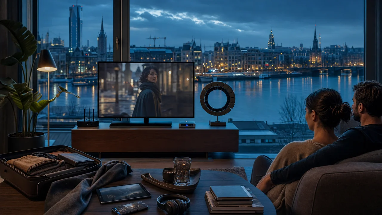 European household IPTV viewing context with television, streaming player, phone, regional categories, and timezone guidance
