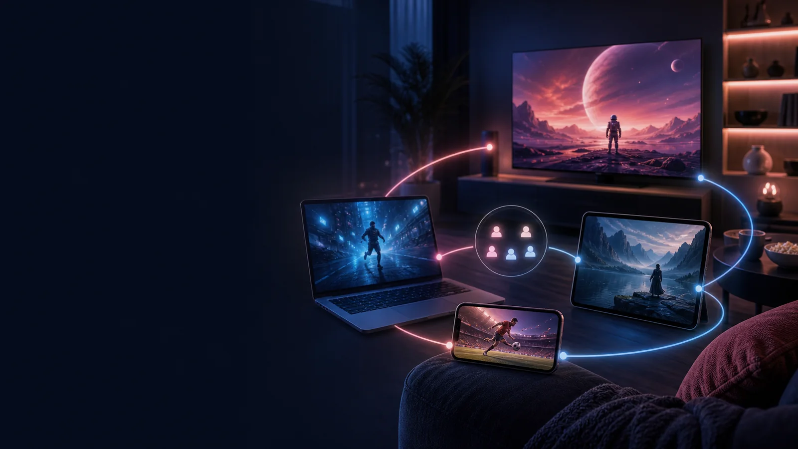 Household IPTV device orbit showing installed televisions, phone, tablet, computer, and permitted active streams