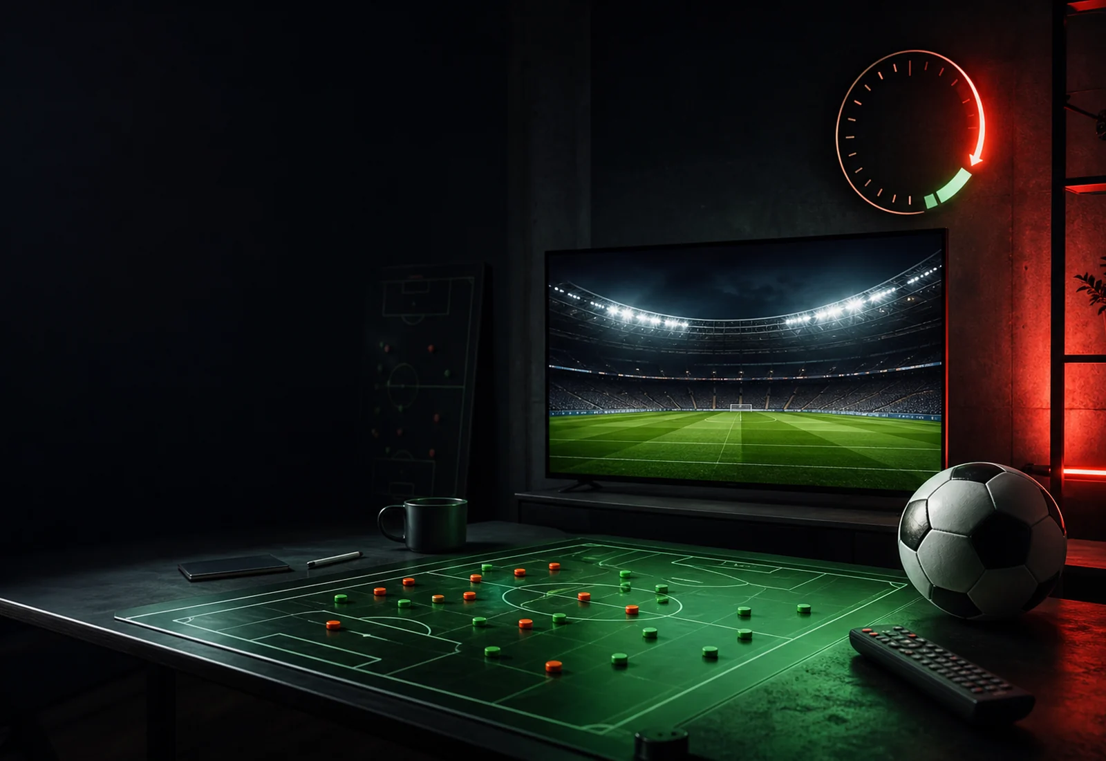 Football stadium floodlights behind a live fixture interface and television screen